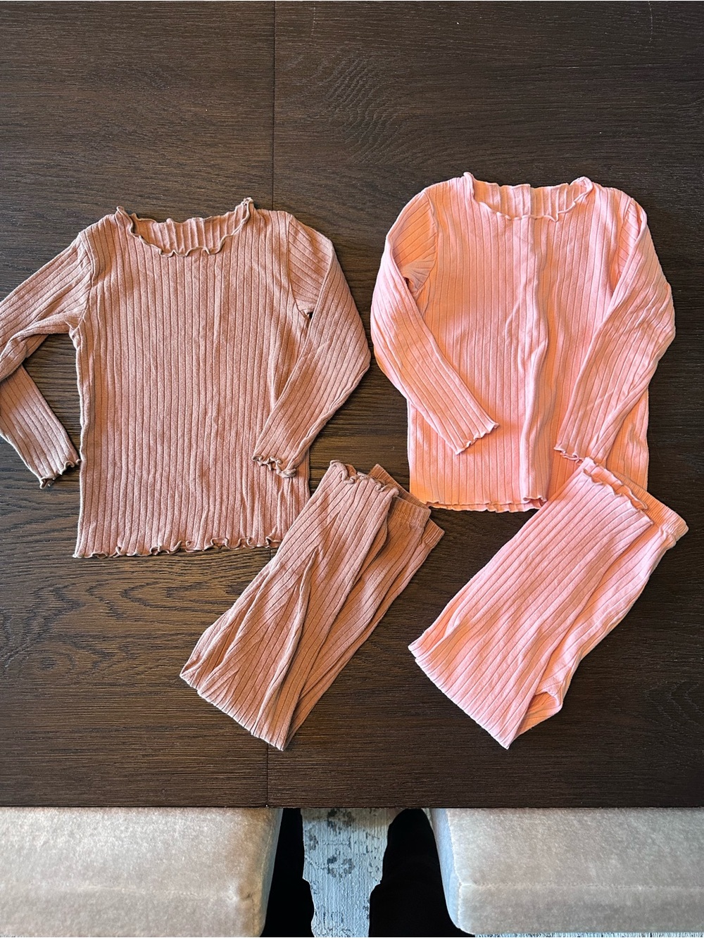 Girls Long Sleeve Ribbed Pink Pajama Set - Soft Knit Two-Piece